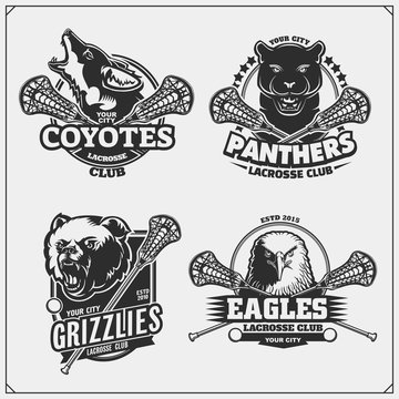 Set of lacrosse badges, labels and design elements. Sport club emblems with grizzly bear, panther, coyote and eagle. Print design for t-shirts.