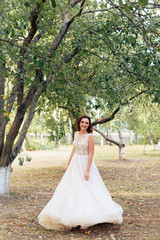 Fototapeta premium young beautiful bride walks in a summer Park with green leaves