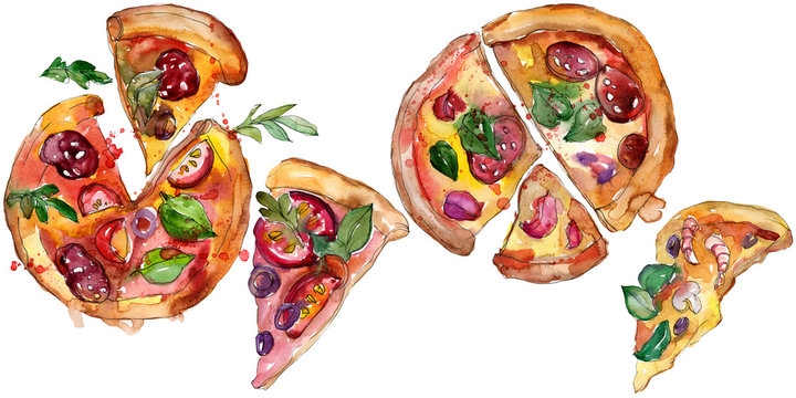 Fast food itallian pizza in a watercolor style set. Aquarelle food illustration for background. Isolated pizza element.