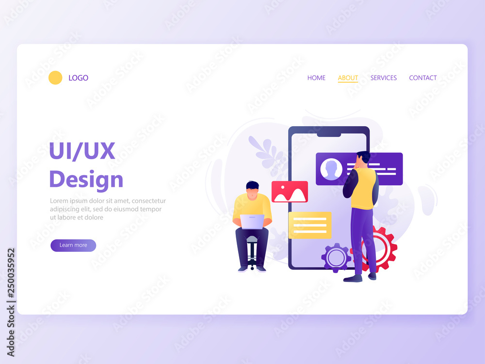 Wall mural landing web page template of mobile app development. people design mobile app near big smartphone. u