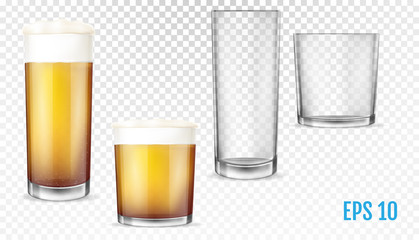 Beer glasses. Empty and full transparent cup.