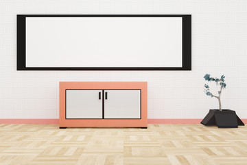 Modern living room interior a large whiteboard on a white wall and a flower pot on the wood floor , Living coral decor concept,vintage coral, 3d rendering