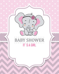 Baby girl shower card. Cute elephant