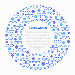 Eyeglasses concept in circle with thin line icons: sunglasses, sport glasses, rectangular, aviator, wayfarer, round, square, cat eye, oval, extravagant, big size. Vector illustration for print media