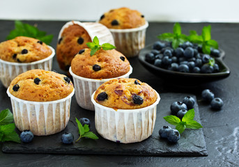Oat muffins with blueberries on a dark background.