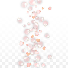 Vector Realistic Petals and Hearts Confetti. Flying Sakura and Hearts on Transparent Background. Wedding Invitation Background. Spring Romance Poster. Vector Illustration for Anniversary Design.