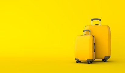 Yellow travel suitcase against a yellow background. 3D Rendering