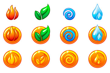Four elements nature icons, golden round symbols set. Wind, fire, water, earth symbol