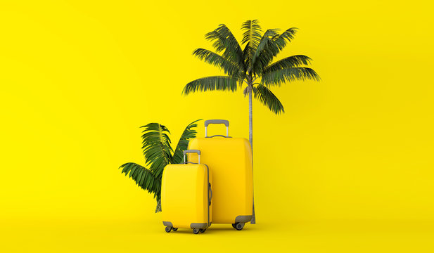 Yellow travel suitcase with tropical palm tree leaves. 3D Rendering