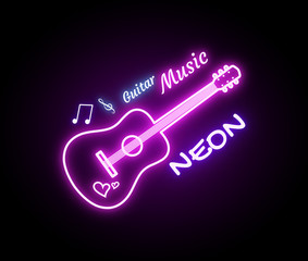 Neon guitar with inscriptions and symbols. Vector illustration.