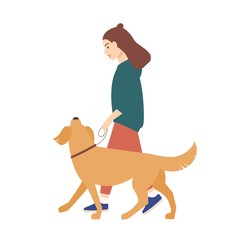 Cute funny young woman dressed in casual clothes walking dog on leash. Lovely girl performing recreational activity with her pet or domestic animal. Colored vector illustration in flat cartoon style.