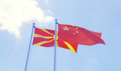 Macedonia and China, two flags waving against blue sky. 3d image