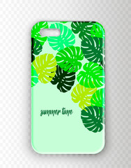 Beautiful vector mock-up of iPhone case with ribbon print: tropic leaves pattern