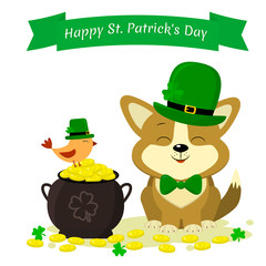 St.Patrick s Day. A cute corgi dog in a green hat is a leprechaun, a bowler hat with golden coins and a bird in a green hat, clover. Cartoon style, flat design. Vector illustration