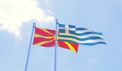 Macedonia and Greece, two flags waving against blue sky. 3d image