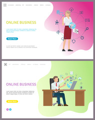 Online business of company, businesswoman and globe vector. Person sitting in office workplace interacting with digital world. Access to world data. Website or webpage template landing page in flat