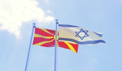 Macedonia and Israel, two flags waving against blue sky. 3d image