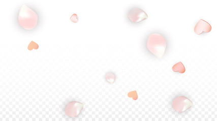Vector Realistic Petals and Hearts Confetti. Flying Sakura and Hearts on Transparent Background. Wedding Invitation Background. Spring Romance Poster. Vector Illustration for Anniversary Design.