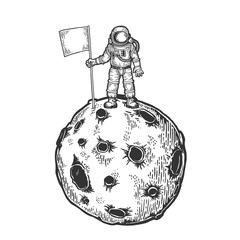 Astronaut spaceman with flag on planet with impact craters sketch engraving vector illustration. Scratch board style imitation. Black and white hand drawn image. © Oleksandr Pokusai