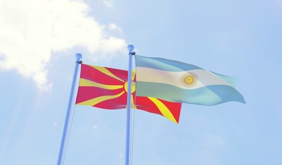 Macedonia and Argentina, two flags waving against blue sky. 3d image