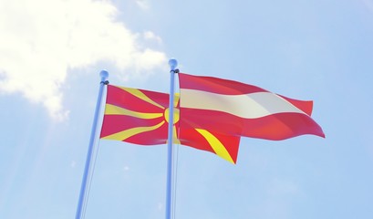 Macedonia and Austria, two flags waving against blue sky. 3d image