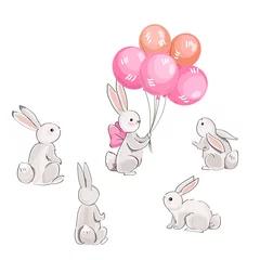 Fotobehang Dieren met ballon Schattige vector hazen en roze ballonnen