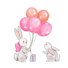 Cute vector rabbits and big pink balloons 