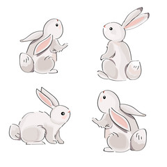  Set of gray rabbits vector isolated on white background