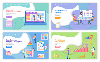 Analysis techniques and business growth tools, software solutions and proposal vector. Peoples with device for business. Laptop with graphics and charts, website template, landing page