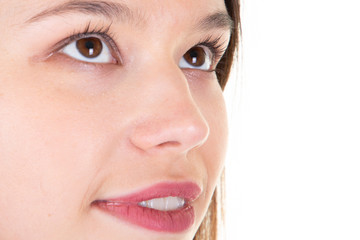 Beautiful closeup brunette woman portrait with eyes up