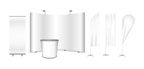 Vector exhibition promo set. Curved pop up trade show stand display, promotion retail trade stand, roll up banner and feather advertising promo beach bow flags isolated on the white background.