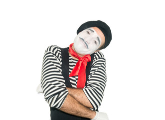 happy mime hugging himself. isolated on white background