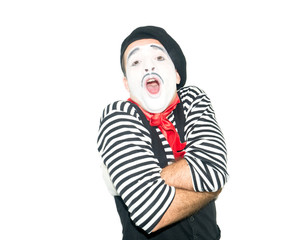 photo of mime which hugging himself and open mouth. isolated on white background