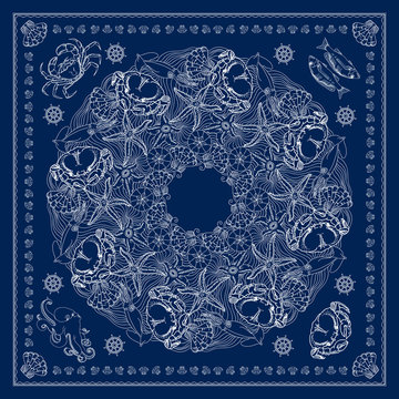 Bandana square pattern. Vector marine-themed illustration on blue.