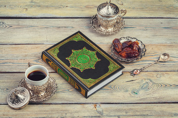 Table top view aerial image of decoration Ramadan Kareem holiday background.Flat lay