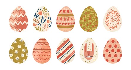 Collection of decorated Easter eggs isolated on white background. Bundle of symbols of religious holiday covered with different ornaments - flowers, stripes, dots. Seasonal flat vector illustration.