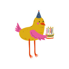 Cute Bird Character Holding Birthday Cake with Burning Candles Vector Illustration