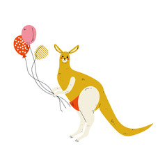 Kangaroo Holding Colorful Balloons, Animal Character for Happy Birthday Design