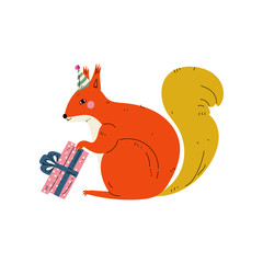 Squirrel Wearing Party Hat with Gift Box, Cute Animal Character for Happy Birthday Design Vector Illustration