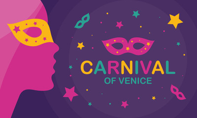 The Carnival of Venice. Annual festival celebrated in Venice, Italy. An important part of the Venetian carnival is the mask and masquerade. Holiday party. Vector poster, card, banner and background