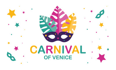 The Carnival of Venice. Annual festival celebrated in Venice, Italy. An important part of the Venetian carnival is the mask and masquerade. Holiday party. Vector poster, card, banner and background