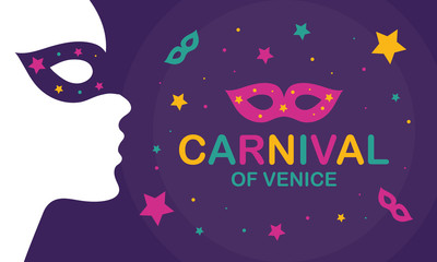 Fototapeta na wymiar The Carnival of Venice. Annual festival celebrated in Venice, Italy. An important part of the Venetian carnival is the mask and masquerade. Holiday party. Vector poster, card, banner and background