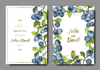Vector Blueberry blue and green engraved ink art. Berries and green leaves. Wedding background card decorative border.