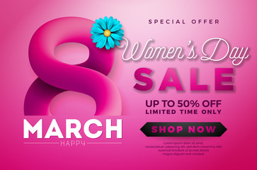Obraz premium Womens Day Sale design with Beautiful Colorful Flower on Pink Background. Vector Floral Illustration Template for Coupon, Banner, Voucher or Promotional Poster.