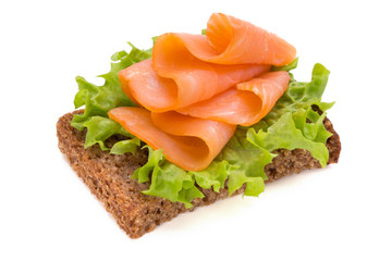 Bread with fresh salmon fillet isolated on white background, top view.