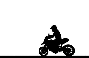 Silhouette biker with his motorbike on white background