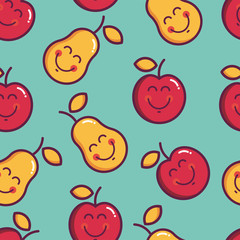 Fruits and vegetables vector set. Seamless pattern with cute elements: apple and pear