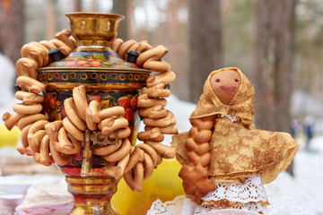 Shrovetide Maslenitsa Butter Week festival meal. Stack of russian pancakes blini with red caviar,...