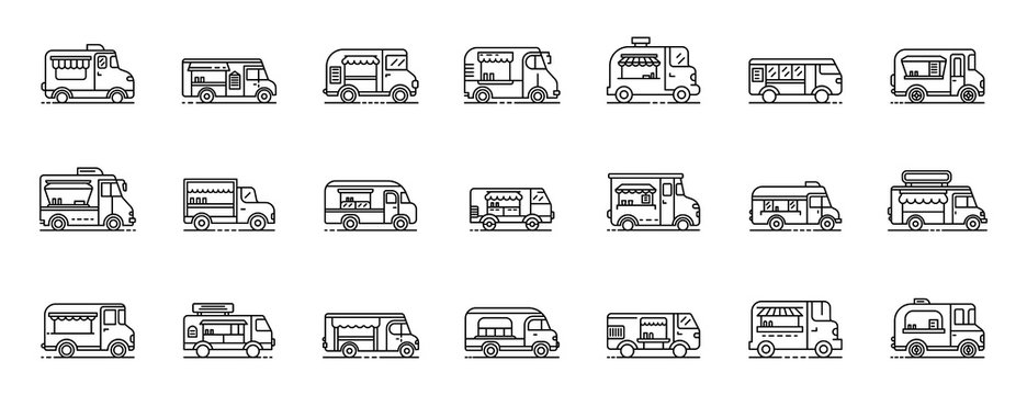 Food truck icons set. Outline set of food truck vector icons for web design isolated on white background