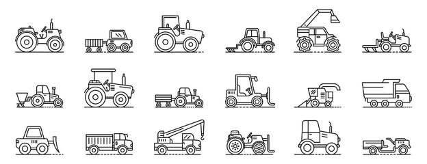 Agricultural machines icons set. Outline set of agricultural machines vector icons for web design isolated on white background